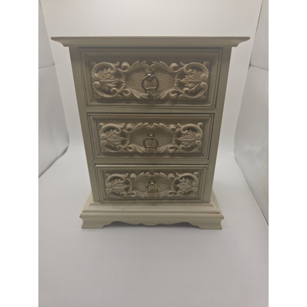 Vintage Wooden Musical Jewelry Box Gold Painted Ornate Drawer Fronts Royal Sealy